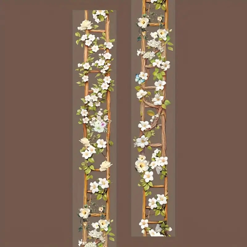 Şeffaf Ahşap Çiçek Merdiven Tema Pet Bant Rulo 4cmx2m Scrapbook Bullet Journal Ajanda Washi Tape