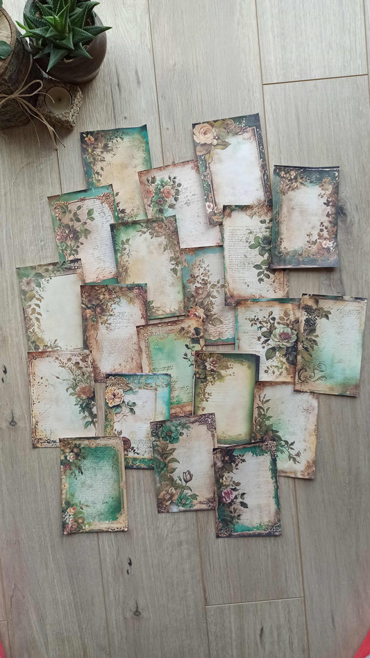 20 Adet Eskitme Vintage Yeşil Temalı Scrapbook Kağıt Seti Bullet Journal Dekupaj Kağıdı