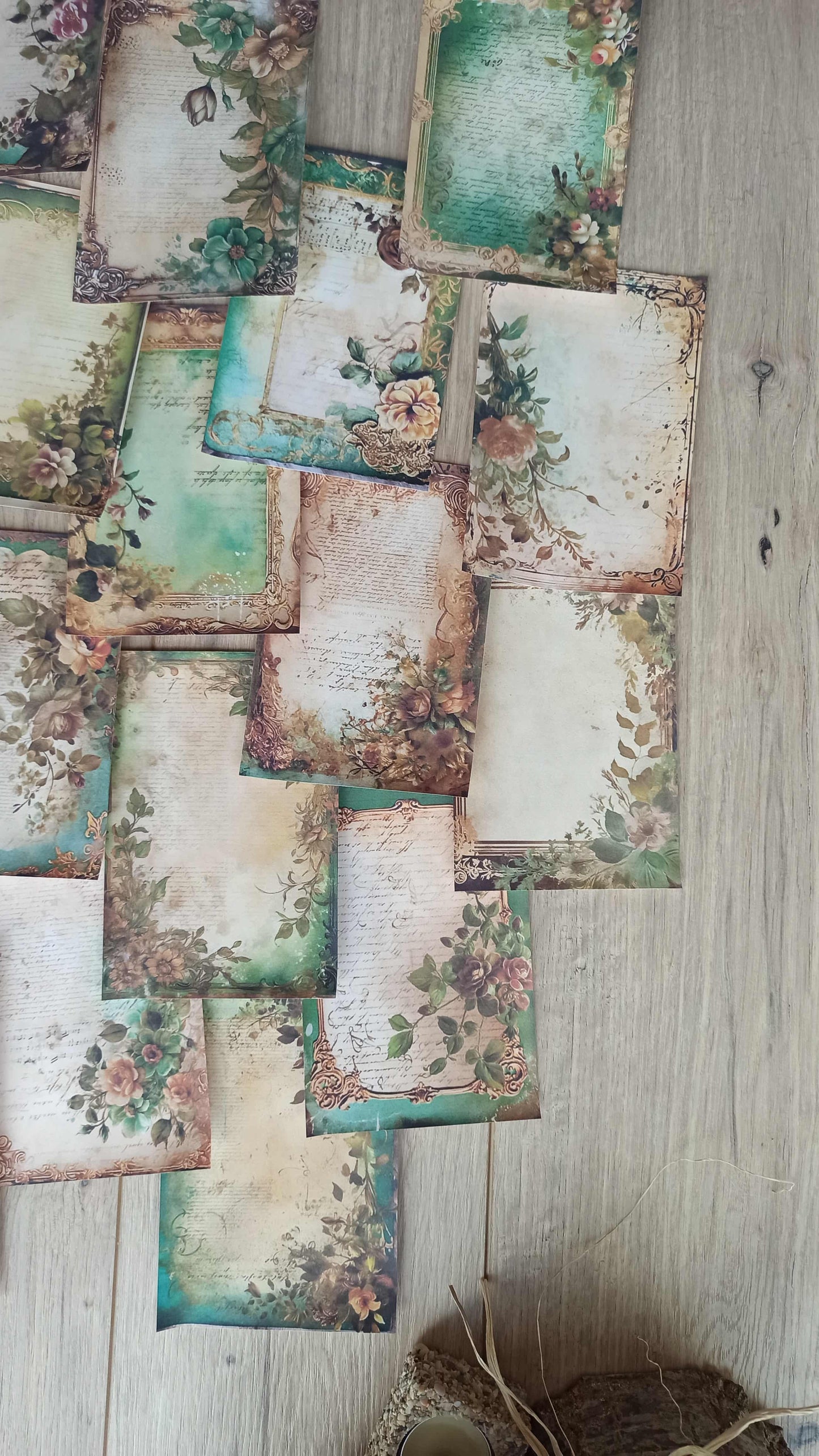 20 Adet Eskitme Vintage Yeşil Temalı Scrapbook Kağıt Seti Bullet Journal Dekupaj Kağıdı
