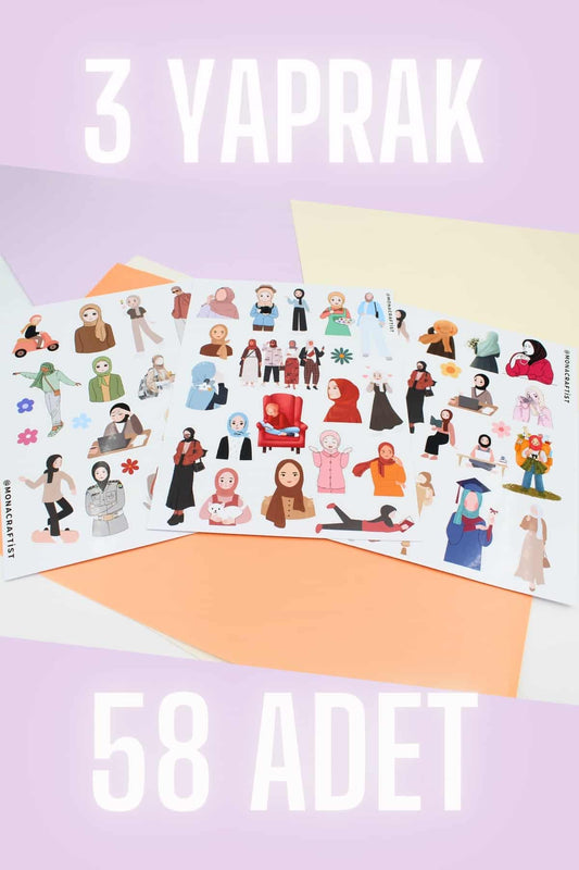 58 Adet Hijab Girl Sticker Seti Bullet Journal