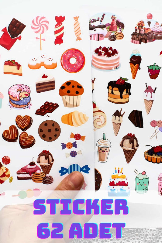 62 Adet Şekerleme Sticker Seti Tatlı Sticker Seti Sweets Laptop Sevimli Renkli Sticker