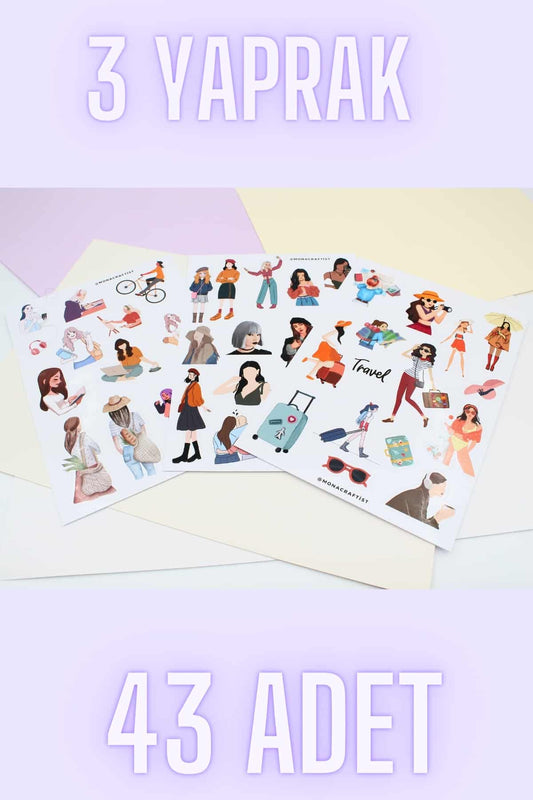 43 Adet Girls Kız Sticker Seti Bullet Journal Seyahat Sticker