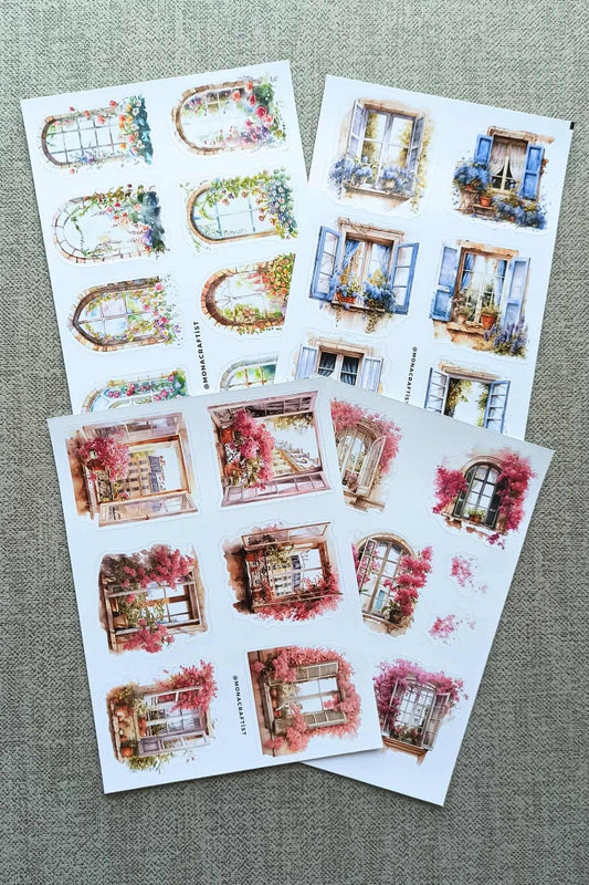 4 Sayfa Pencere Sticker Seti Fransız Balkon Sticker Çiçek Pencere Begonvil