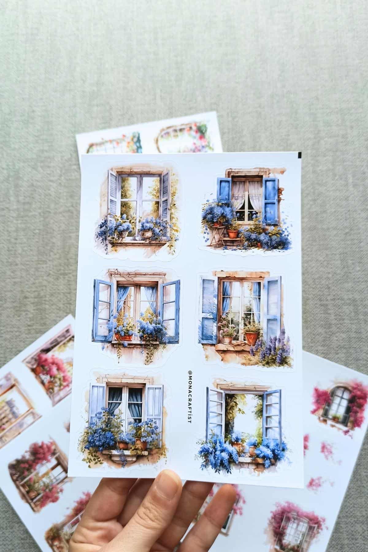4 Sayfa Pencere Sticker Seti Fransız Balkon Sticker Çiçek Pencere Begonvil