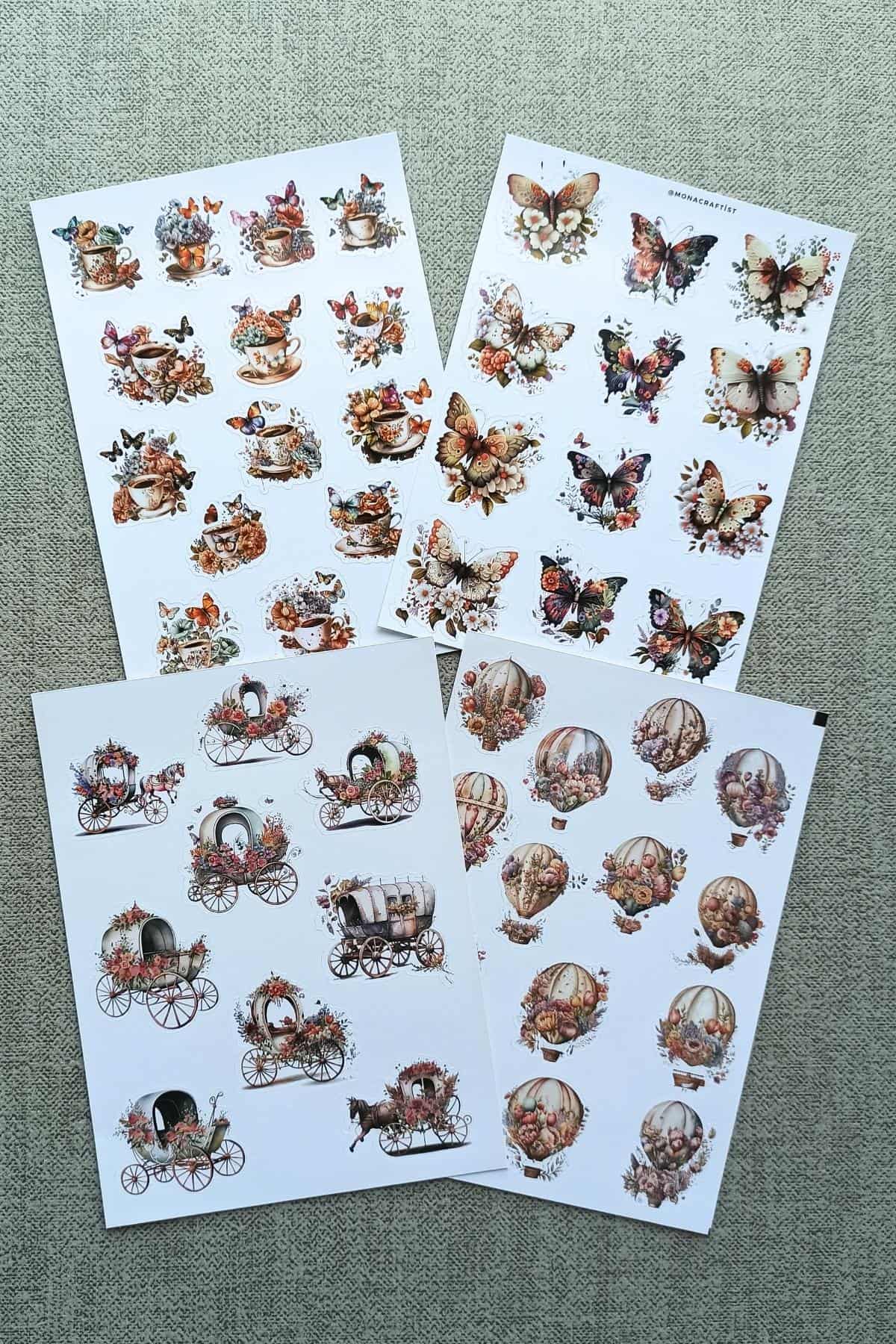 4 Sayfa 50 Adet Vintage Sticker Kelebek Çiçek Fincan At Arabası Sticker Seti