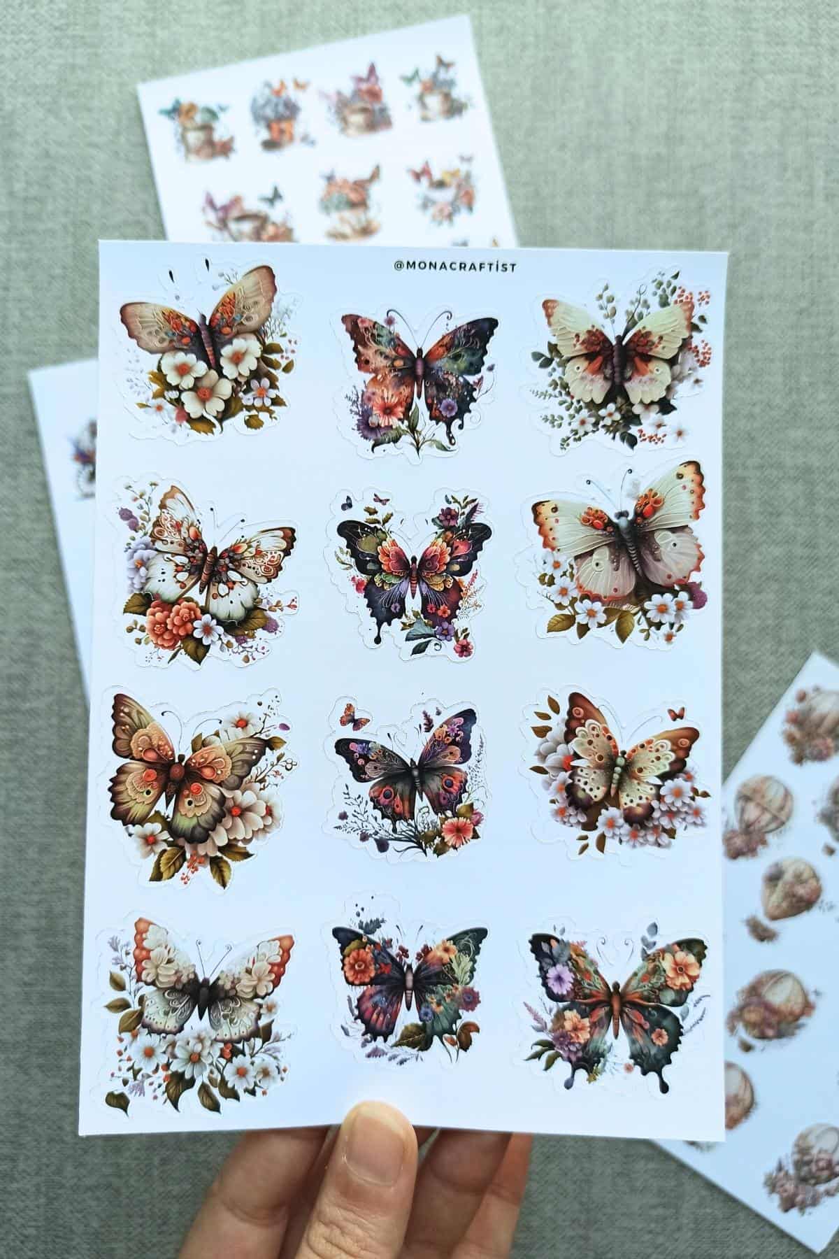 4 Sayfa 50 Adet Vintage Sticker Kelebek Çiçek Fincan At Arabası Sticker Seti