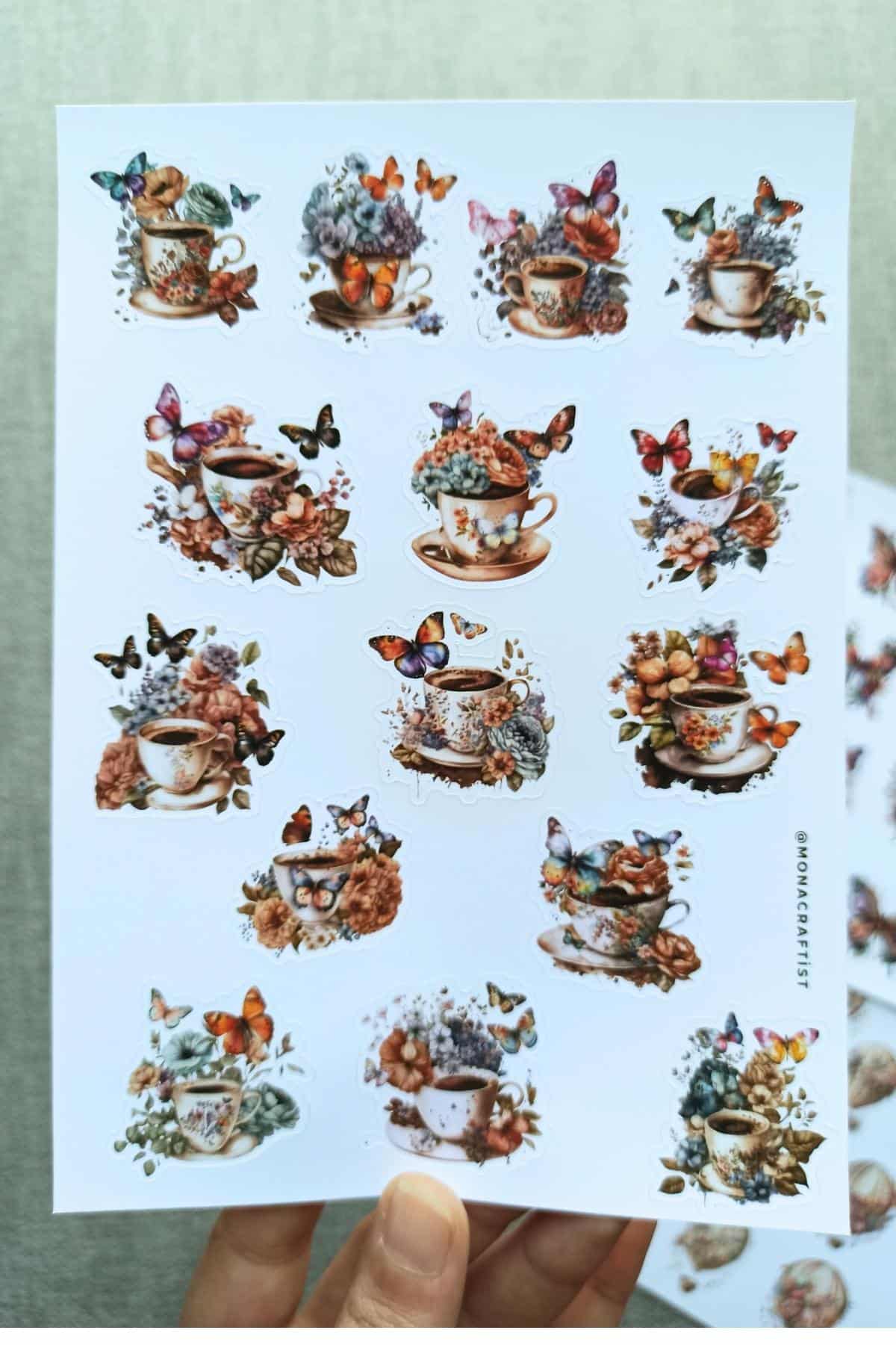 4 Sayfa 50 Adet Vintage Sticker Kelebek Çiçek Fincan At Arabası Sticker Seti