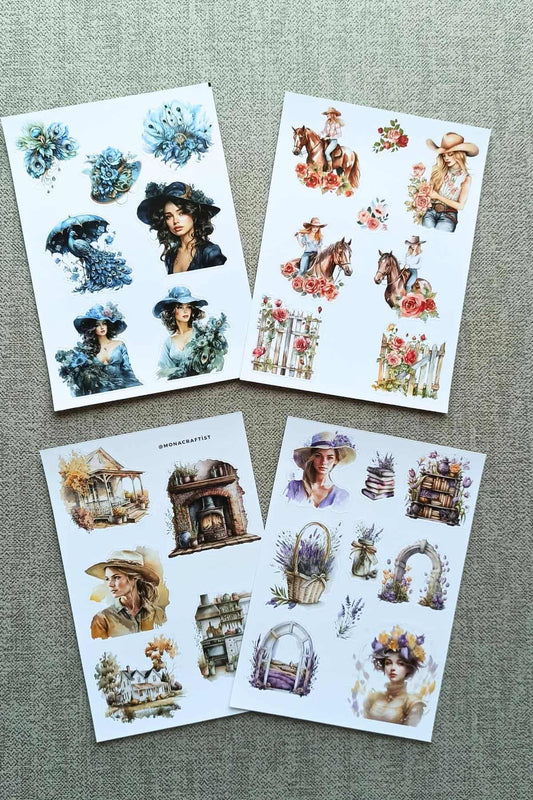 4 Sayfa Renkli Kadın Sticker Lavanta Sticker Kovboy Kız Sticker