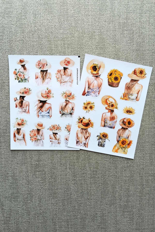 2 Sayfa Ayçiçeği Kız Sticker Gül Kız Sticker Hasır Şapkalı Kız