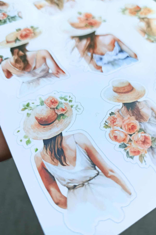 2 Sayfa Ayçiçeği Kız Sticker Gül Kız Sticker Hasır Şapkalı Kız