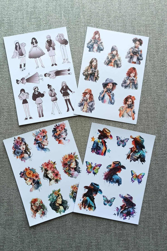 4 Sayfa Kız Sticker Suluboya Çiçek Renkli Sticker