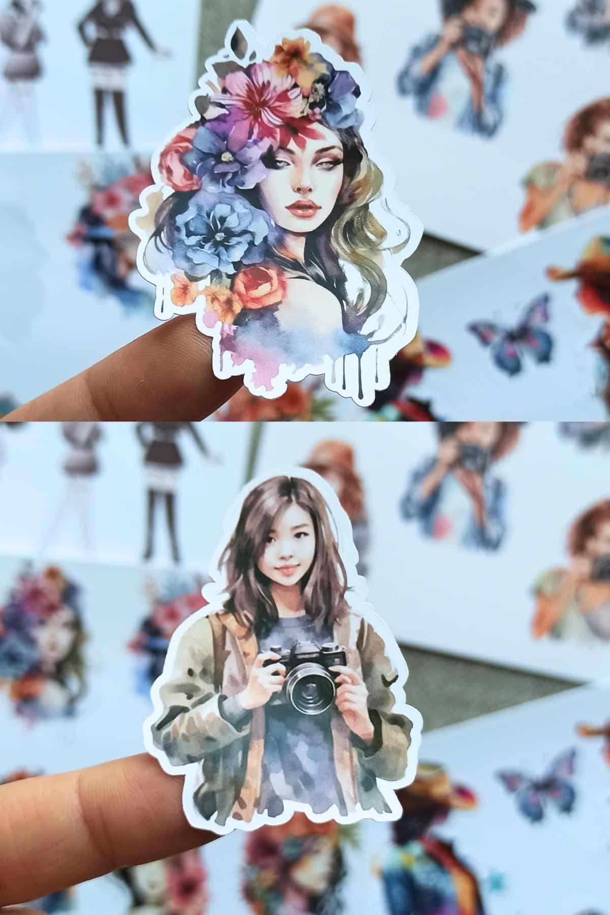 4 Sayfa Kız Sticker Suluboya Çiçek Renkli Sticker