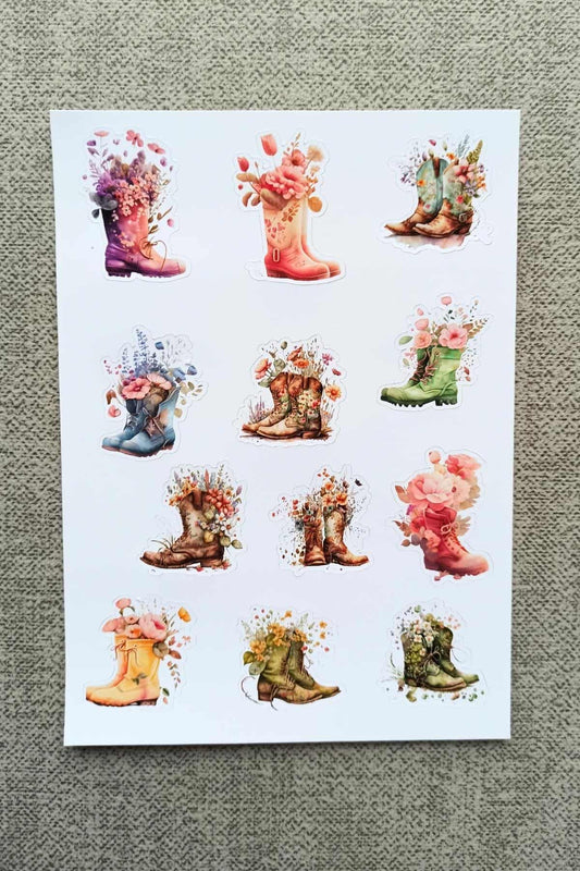12 Adet Suluboya Vintage Çiçekli Bot Sticker Bullet Journal Scrapbook Laptop Sticker