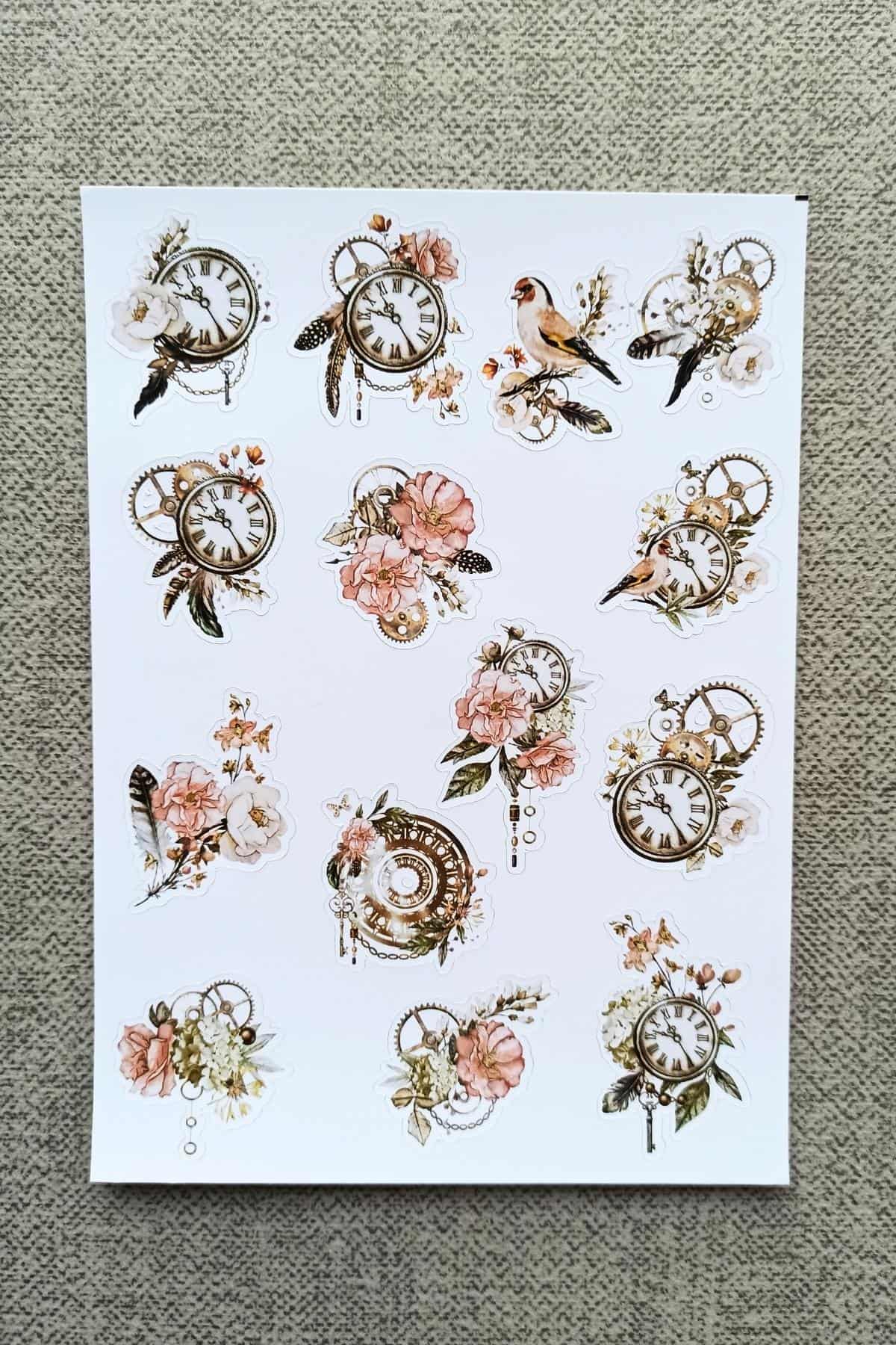 14 Adet Suluboya Vintage Gül Kuş Sticker Bullet Journal Scrapbook Laptop Sticker