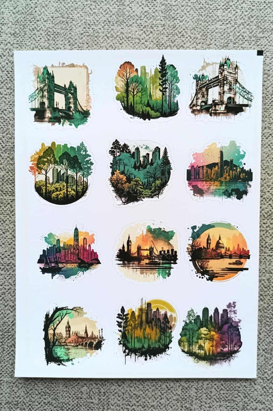 12 Adet Suluboya Abstract Manzara Sticker Bullet Journal Scrapbook Laptop Sticker