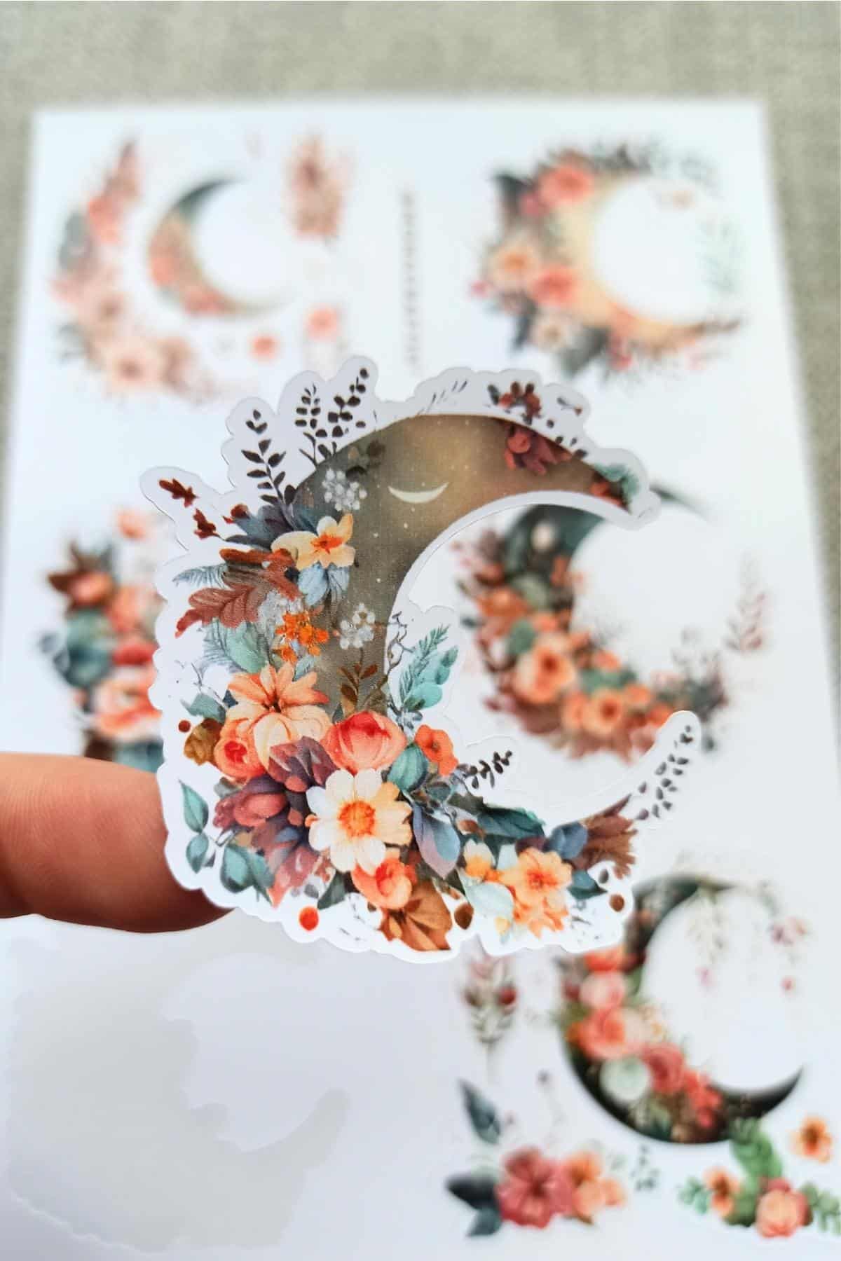 6 Adet Suluboya Çiçekli Hilal Ay Sticker Bullet Journal Scrapbook Laptop Sticker