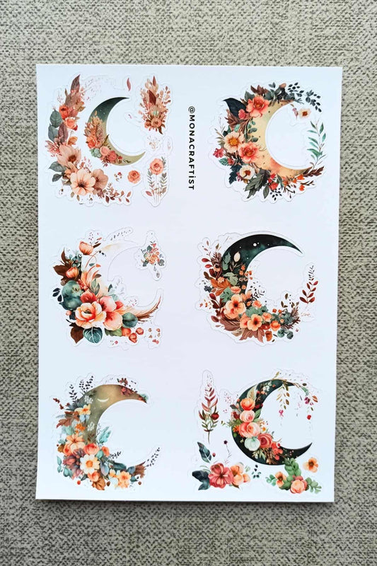 6 Adet Suluboya Çiçekli Hilal Ay Sticker Bullet Journal Scrapbook Laptop Sticker