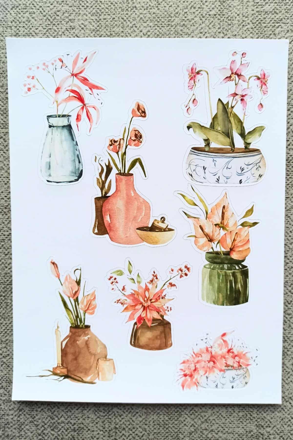 7 Adet Suluboya Vazo Orkide Çiçek Sticker Bullet Journal Scrapbook Laptop Sticker