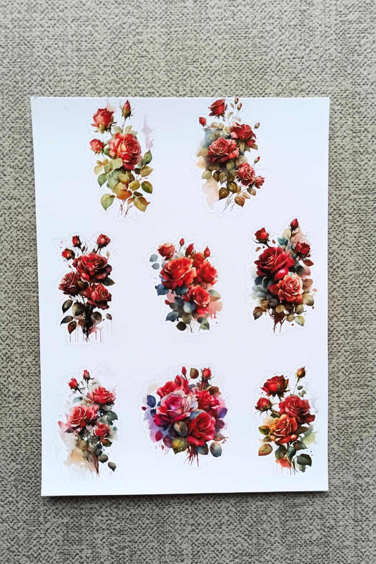 8 Adet Suluboya Kırmızı Gül Sticker Bullet Journal Scrapbook Laptop Sticker