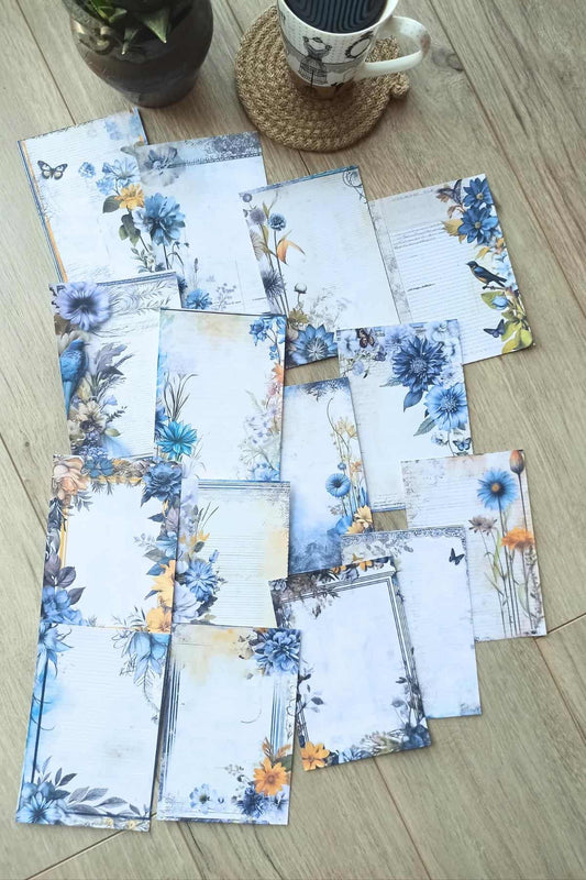15 Adet Eskitme Vintage Mavi Çiçek Temalı Scrapbook Kağıt Seti Bullet Journal Dekupaj Kağıdı