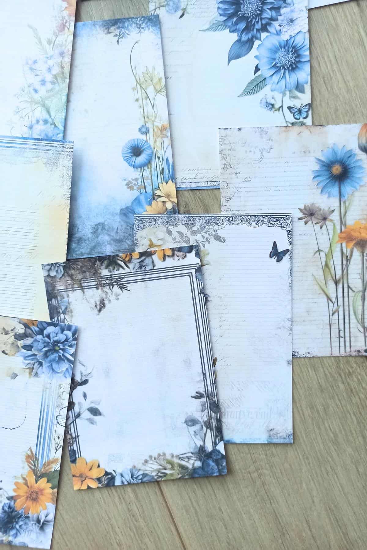15 Adet Eskitme Vintage Mavi Çiçek Temalı Scrapbook Kağıt Seti Bullet Journal Dekupaj Kağıdı