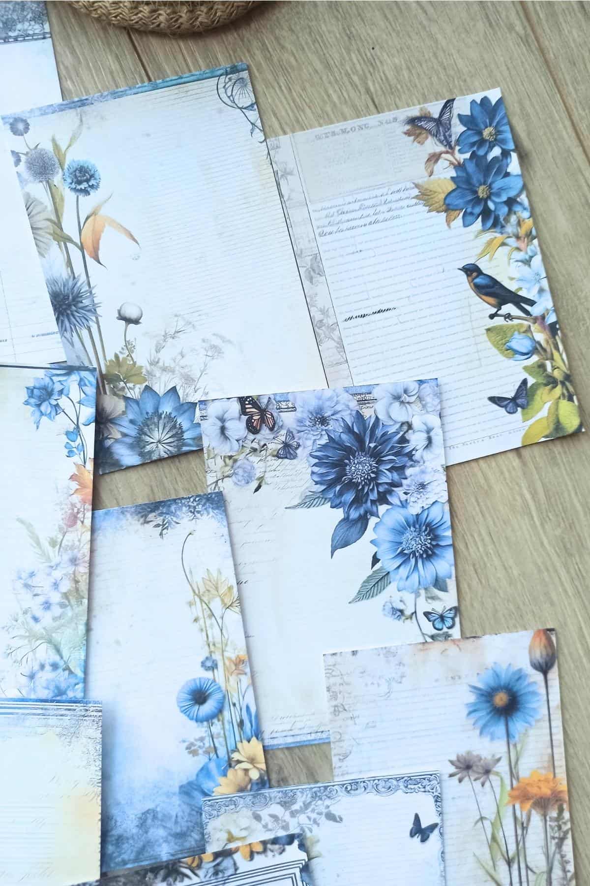 15 Adet Eskitme Vintage Mavi Çiçek Temalı Scrapbook Kağıt Seti Bullet Journal Dekupaj Kağıdı