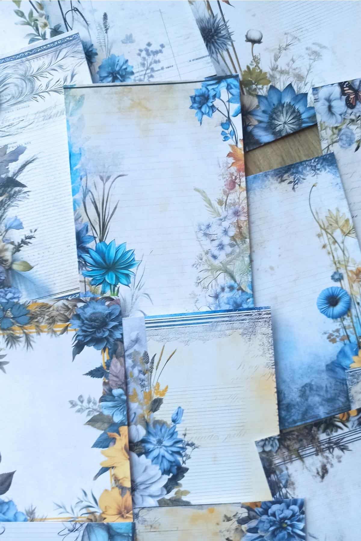 15 Adet Eskitme Vintage Mavi Çiçek Temalı Scrapbook Kağıt Seti Bullet Journal Dekupaj Kağıdı