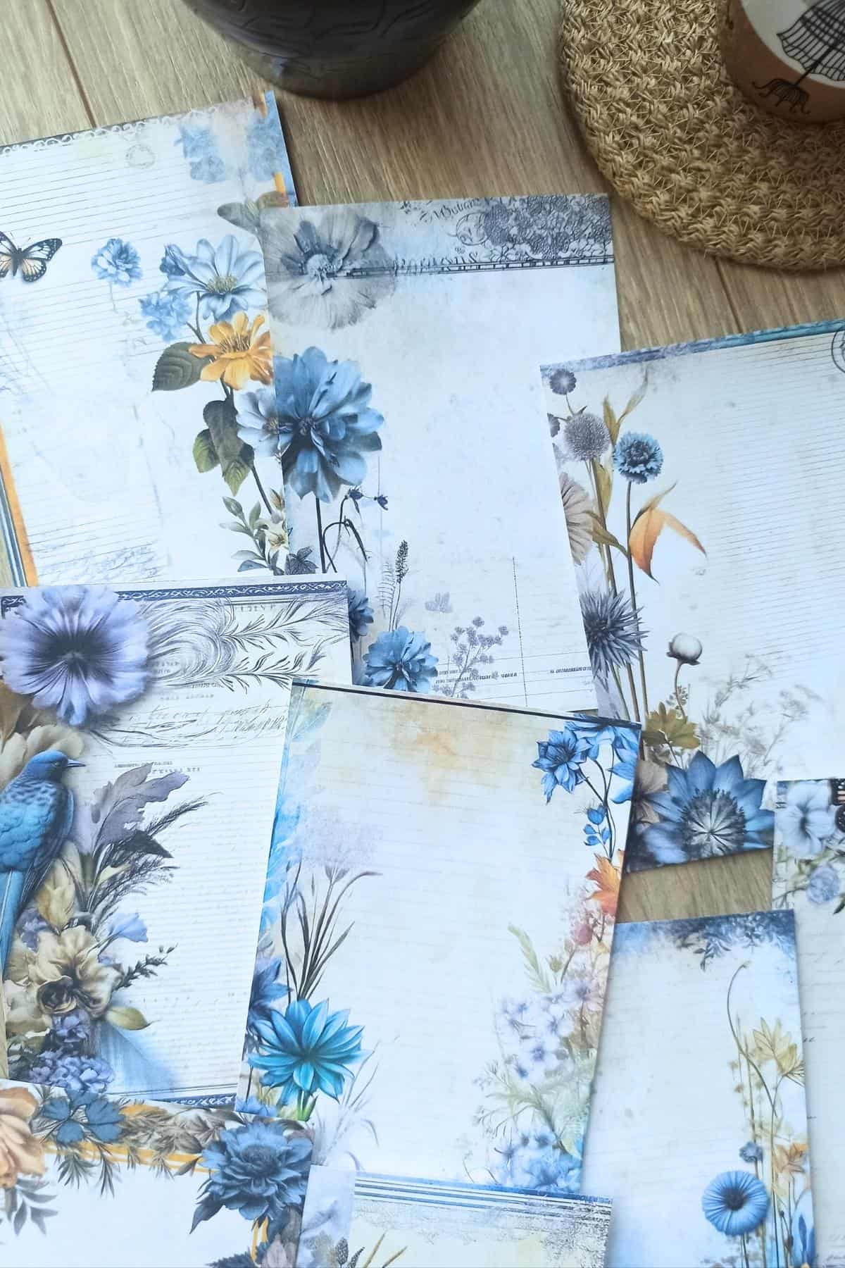 15 Adet Eskitme Vintage Mavi Çiçek Temalı Scrapbook Kağıt Seti Bullet Journal Dekupaj Kağıdı