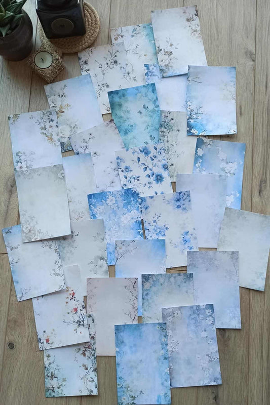 28 Adet Eskitme Vintage Mavi Temalı Scrapbook Kağıt Seti Bullet Journal Dekupaj Kağıdı