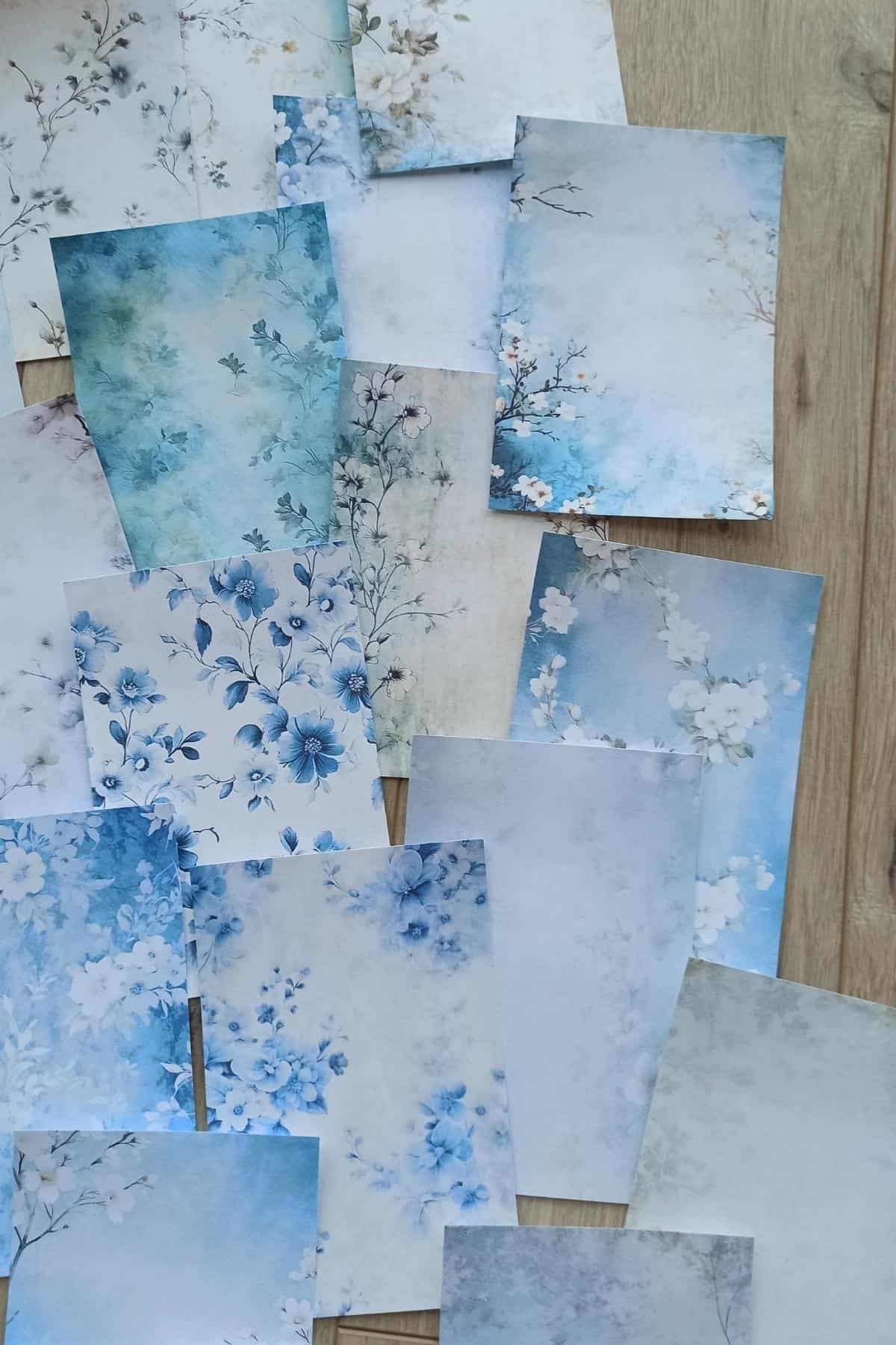 28 Adet Eskitme Vintage Mavi Temalı Scrapbook Kağıt Seti Bullet Journal Dekupaj Kağıdı