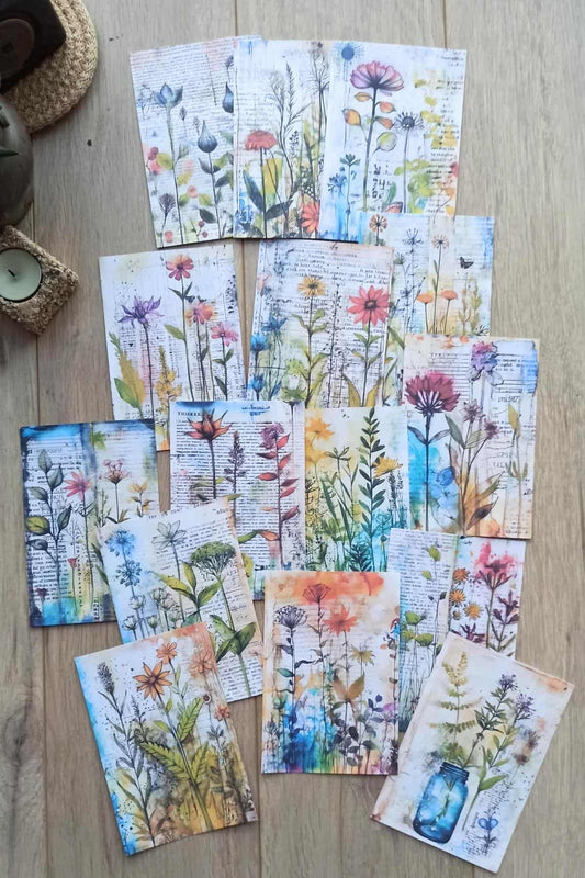 15 Adet Eskitme Vintage Suluboya Çiçek Temalı Scrapbook Kağıt Seti Bullet Journal Dekupaj Kağıdı