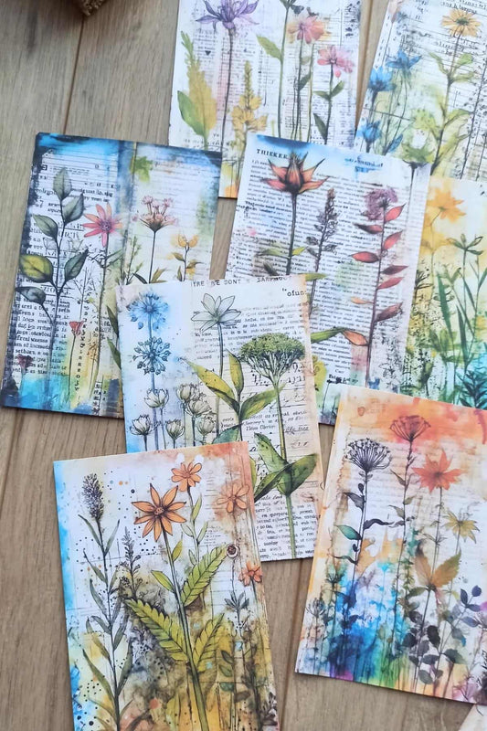 15 Adet Eskitme Vintage Suluboya Çiçek Temalı Scrapbook Kağıt Seti Bullet Journal Dekupaj Kağıdı