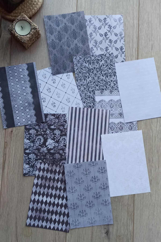 12 Adet Siyah Beyaz Desenli Scrapbook Kağıt Seti Bullet Journal Dekupaj Kağıdı