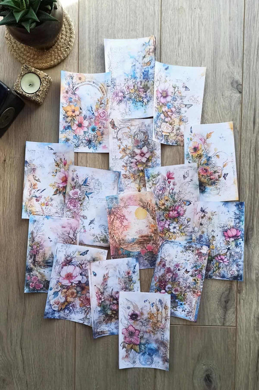 15 Adet Eskitme Vintage Suluboya Çiçek Temalı Scrapbook Kağıt Seti Bullet Journal Dekupaj Kağıdı