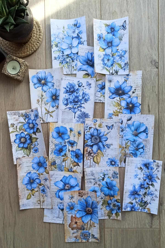 15 Adet Eskitme Vintage Mavi Çiçek Temalı Scrapbook Kağıt Seti Bullet Journal Dekupaj Kağıdı