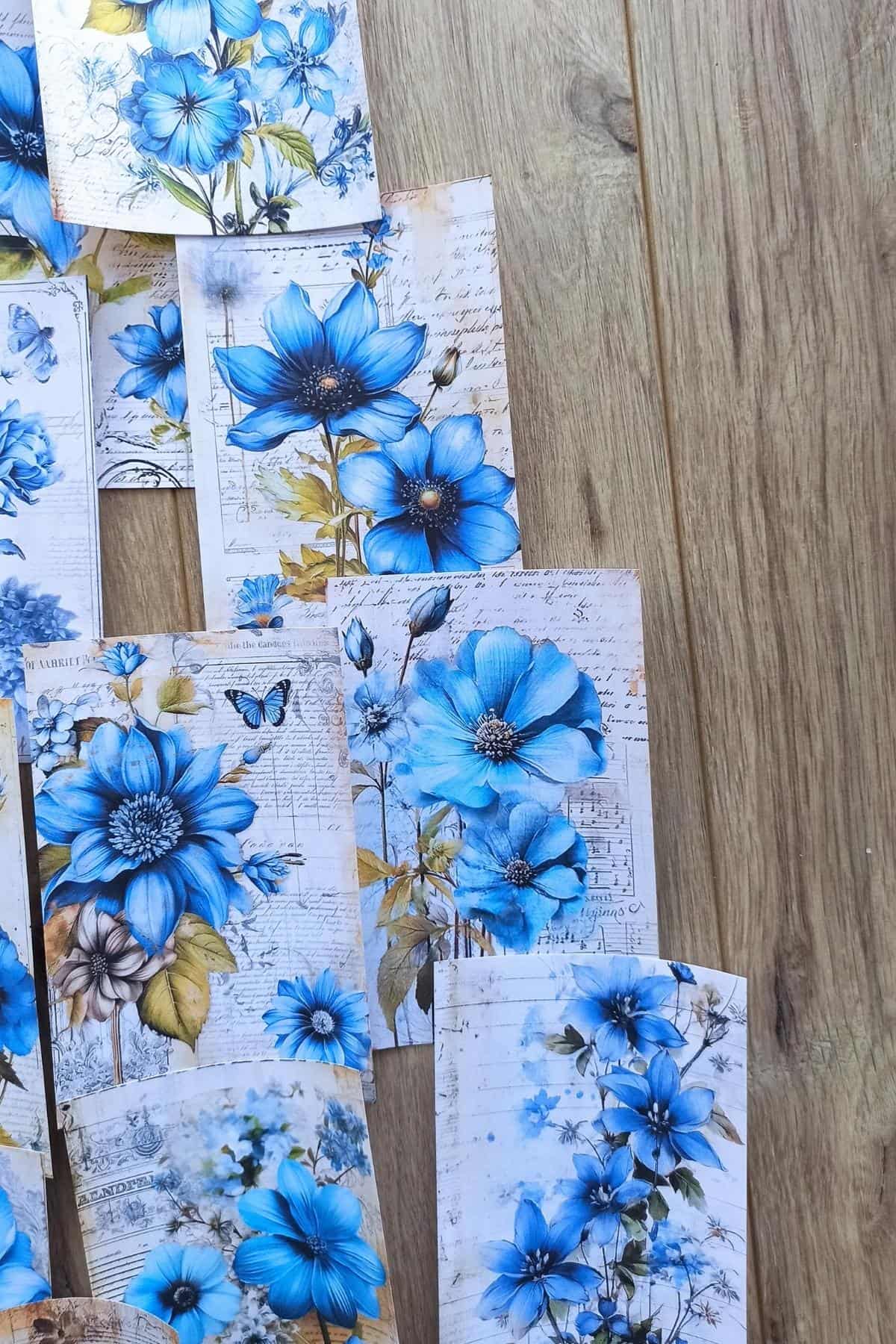 15 Adet Eskitme Vintage Mavi Çiçek Temalı Scrapbook Kağıt Seti Bullet Journal Dekupaj Kağıdı