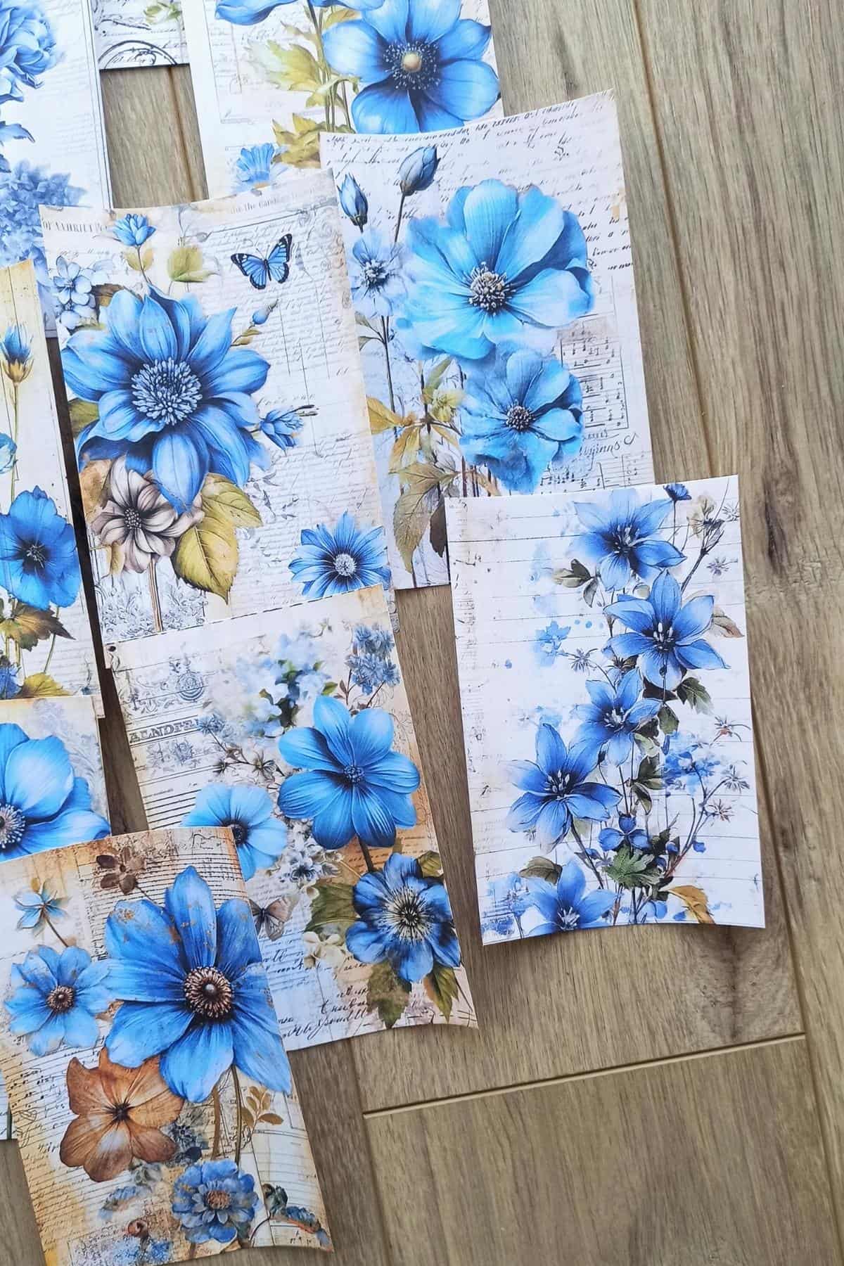 15 Adet Eskitme Vintage Mavi Çiçek Temalı Scrapbook Kağıt Seti Bullet Journal Dekupaj Kağıdı