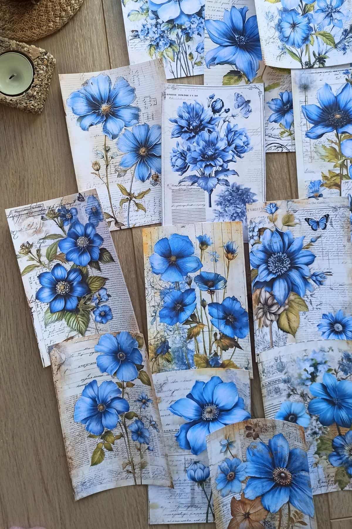 15 Adet Eskitme Vintage Mavi Çiçek Temalı Scrapbook Kağıt Seti Bullet Journal Dekupaj Kağıdı