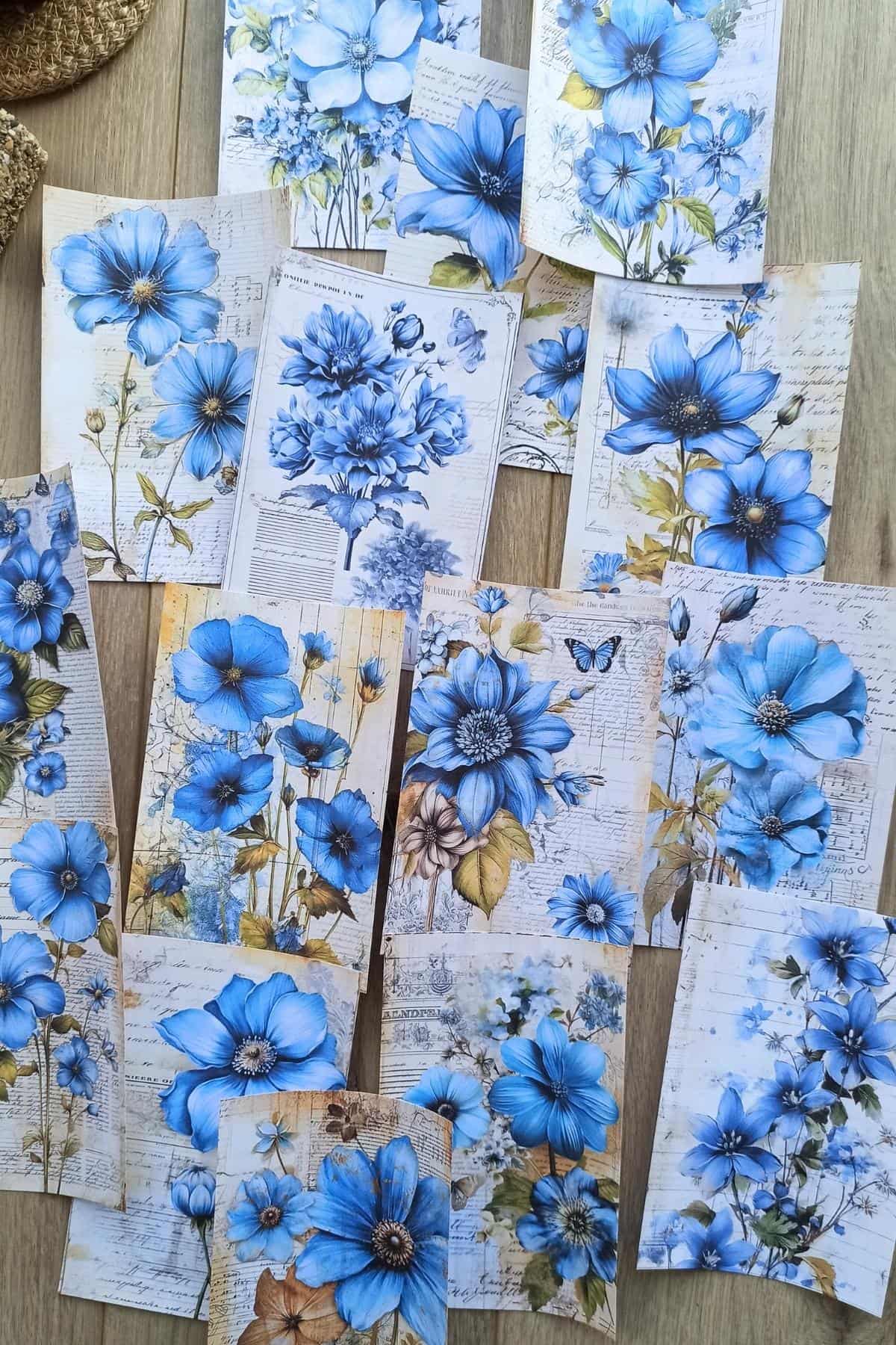 15 Adet Eskitme Vintage Mavi Çiçek Temalı Scrapbook Kağıt Seti Bullet Journal Dekupaj Kağıdı