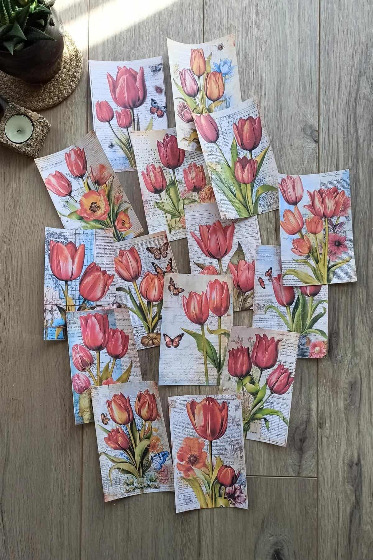 15 Adet Eskitme Vintage Lale Temalı Scrapbook Kağıt Seti Bullet Journal Dekupaj Kağıdı