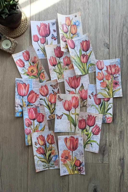 15 Adet Eskitme Vintage Lale Temalı Scrapbook Kağıt Seti Bullet Journal Dekupaj Kağıdı