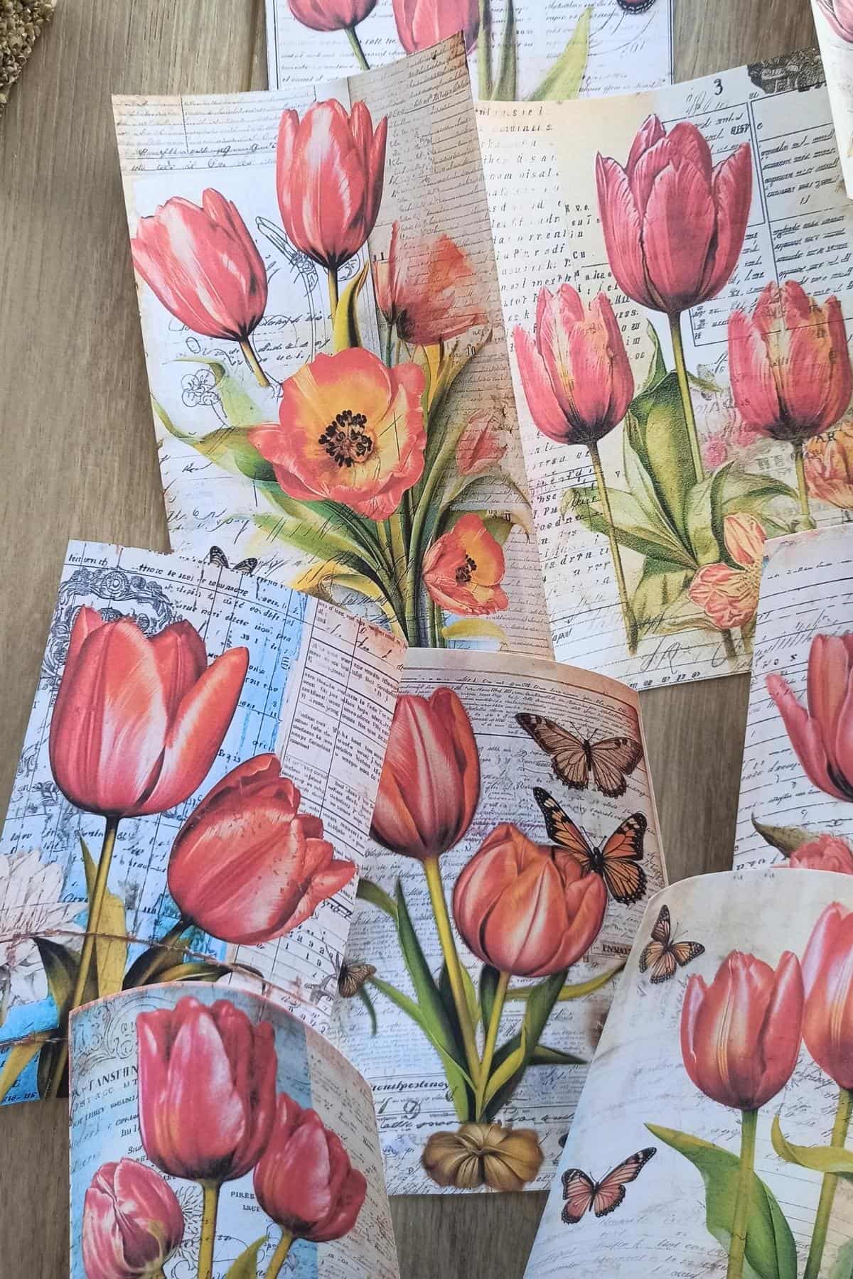 15 Adet Eskitme Vintage Lale Temalı Scrapbook Kağıt Seti Bullet Journal Dekupaj Kağıdı