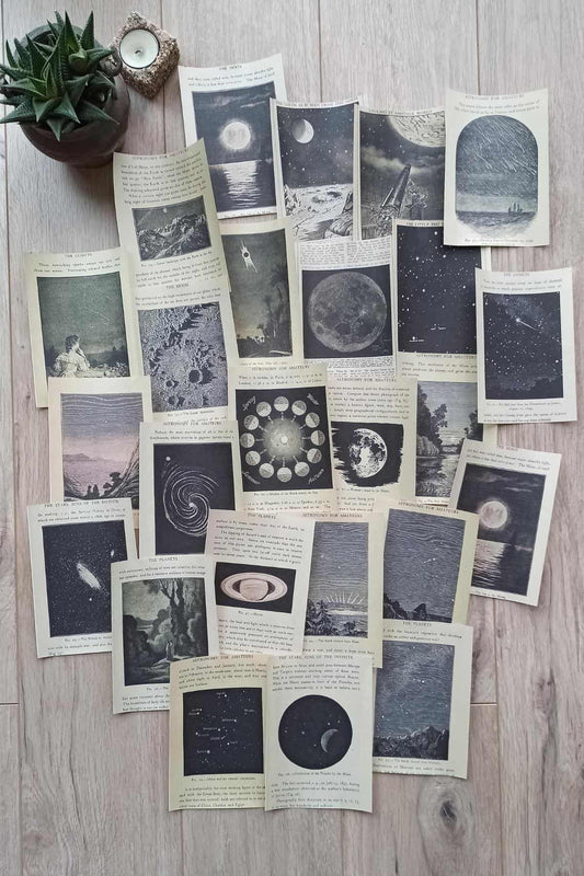 25 Adet Eskitme Vintage Kitap Sayfası Uzay Temalı Scrapbook Kağıt Seti Bullet Journal Dekupaj Kağıdı