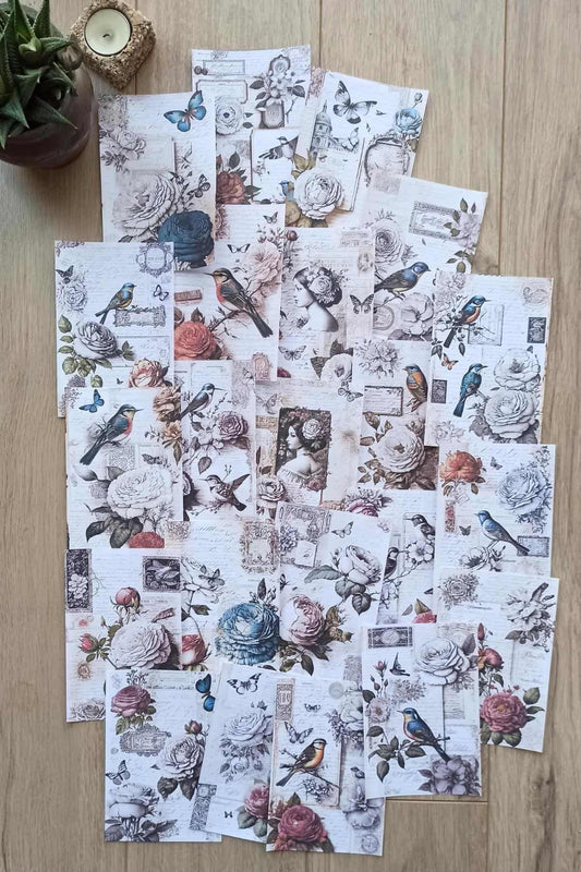 52 Adet Eskitme Vintage Scrapbook Kuş Temalı Scrapbook Kağıt Seti Bullet Journal Dekupaj Kağıdı