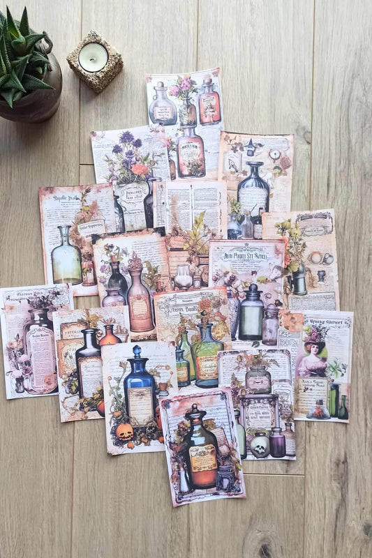 15 Adet Eskitme Vintage İksir Şişesi Temalı Scrapbook Kağıt Seti Bullet Journal Dekupaj Kağıdı