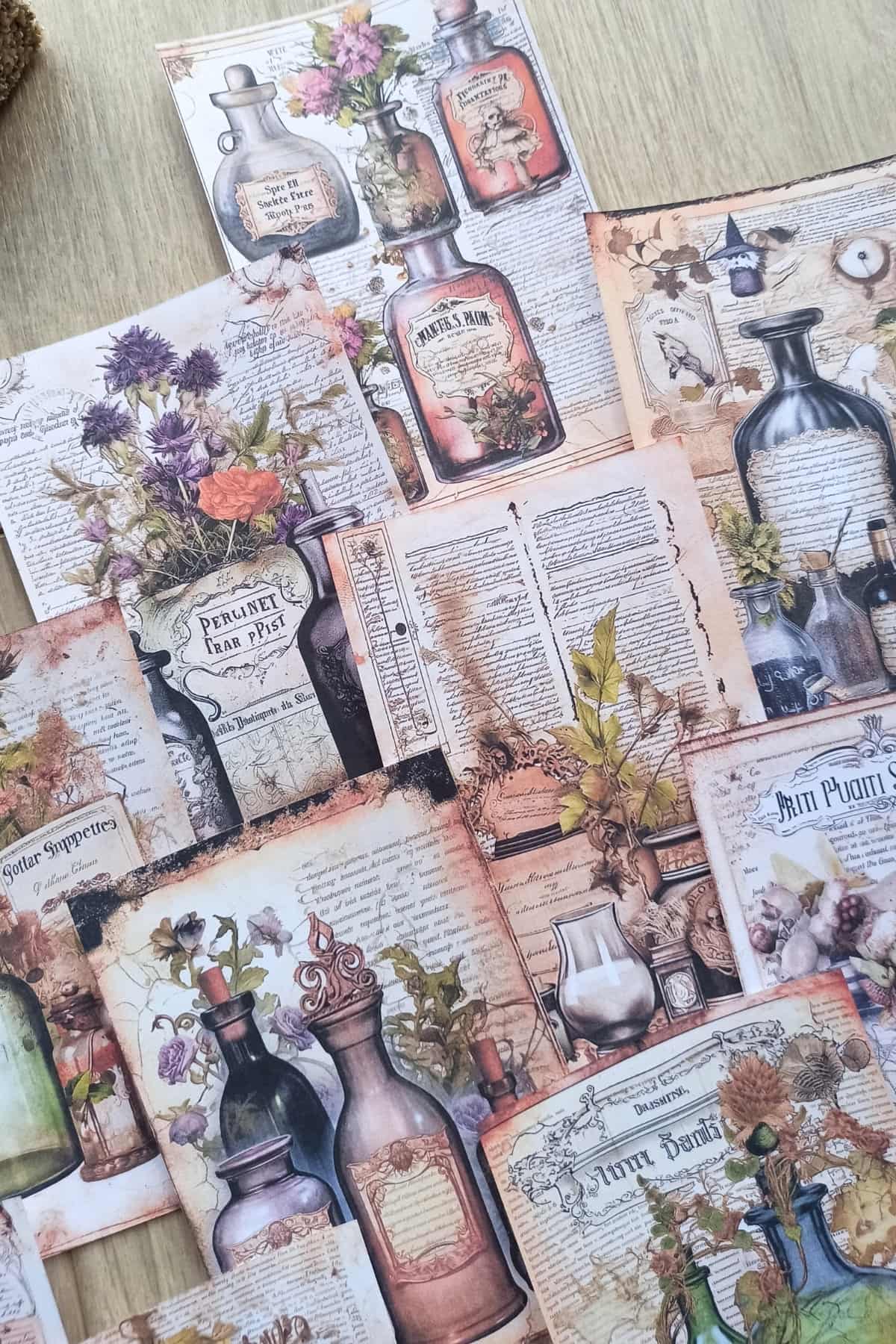 15 Adet Eskitme Vintage İksir Şişesi Temalı Scrapbook Kağıt Seti Bullet Journal Dekupaj Kağıdı