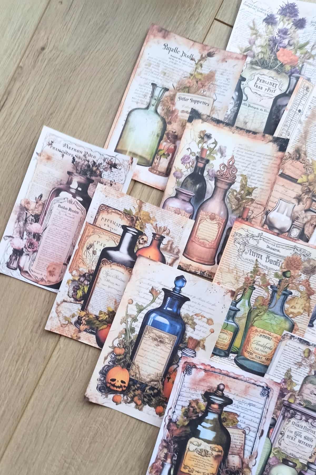 15 Adet Eskitme Vintage İksir Şişesi Temalı Scrapbook Kağıt Seti Bullet Journal Dekupaj Kağıdı