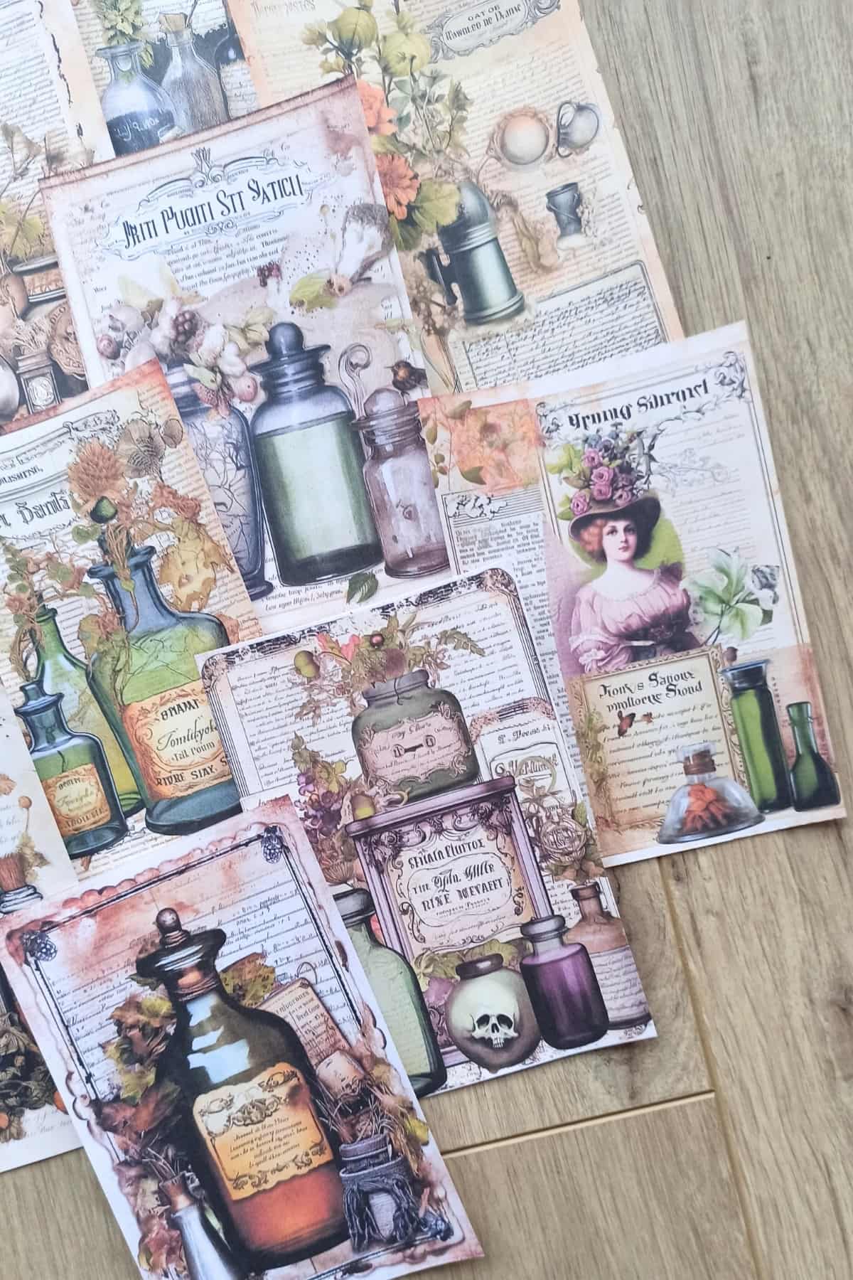 15 Adet Eskitme Vintage İksir Şişesi Temalı Scrapbook Kağıt Seti Bullet Journal Dekupaj Kağıdı