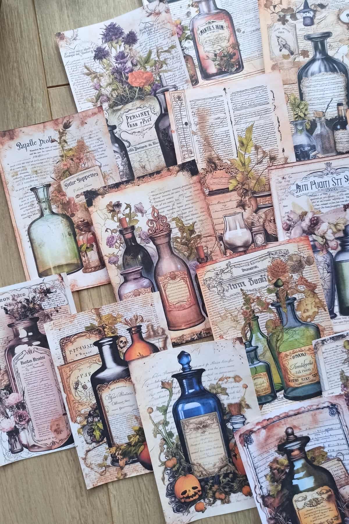15 Adet Eskitme Vintage İksir Şişesi Temalı Scrapbook Kağıt Seti Bullet Journal Dekupaj Kağıdı