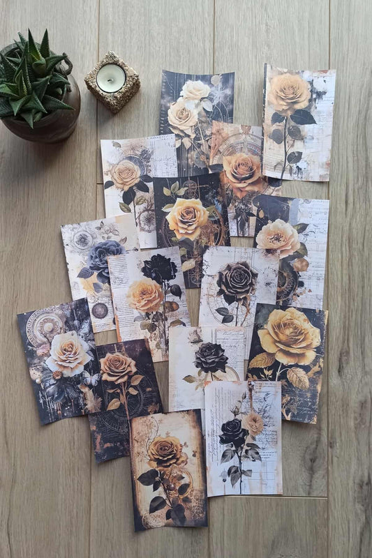 45 Adet Eskitme Vintage Gül Temalı Scrapbook Kağıt Seti Bullet Journal Dekupaj Kağıdı Karışık Renk